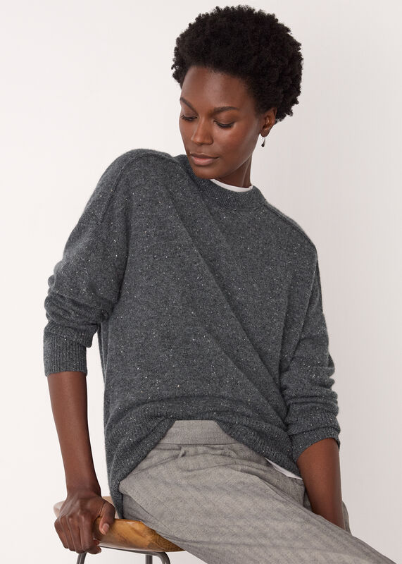 Dark Grey Cashmere Fleck Seam Neck Knit