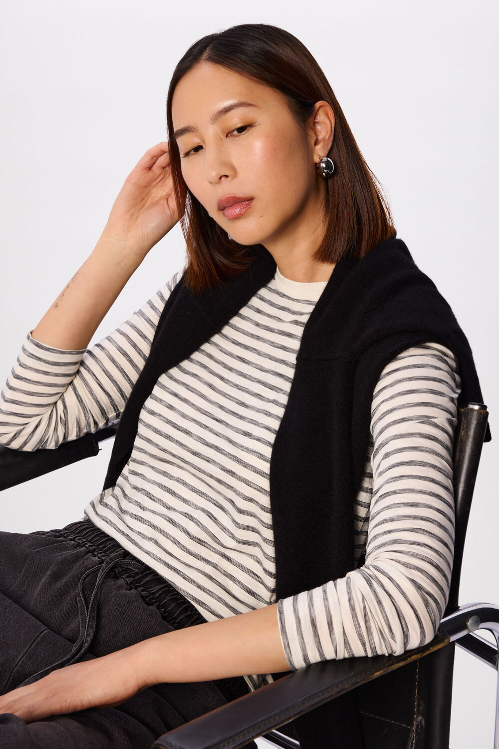Ivory Stripe Crew Neck Pocket Top