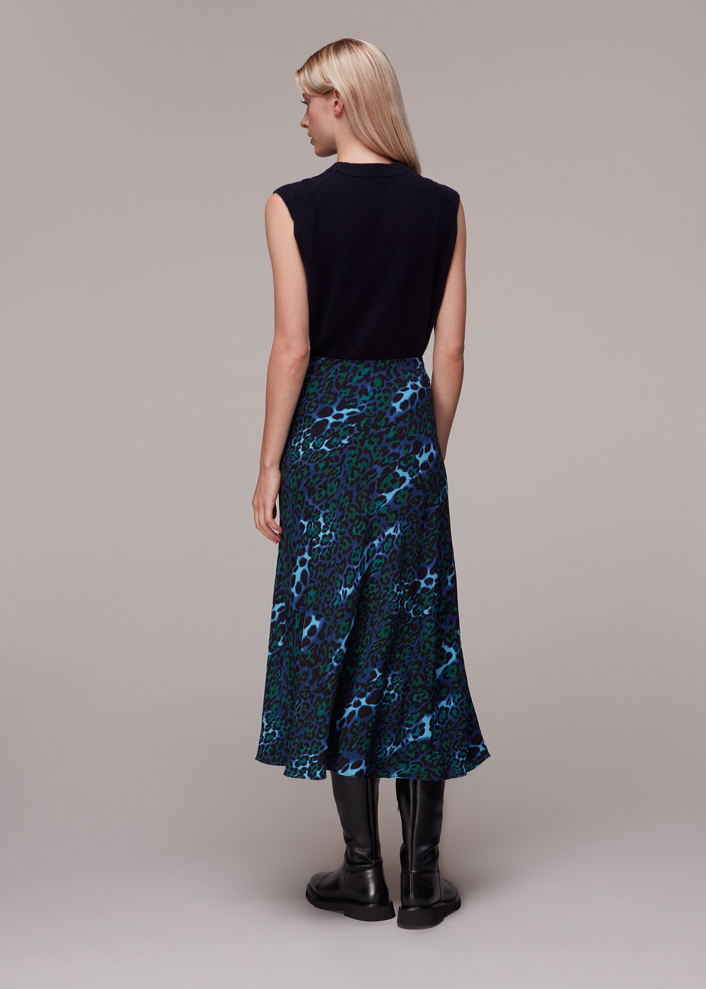 Blue Multi Night Cat Bias Cut Skirt WHISTLES