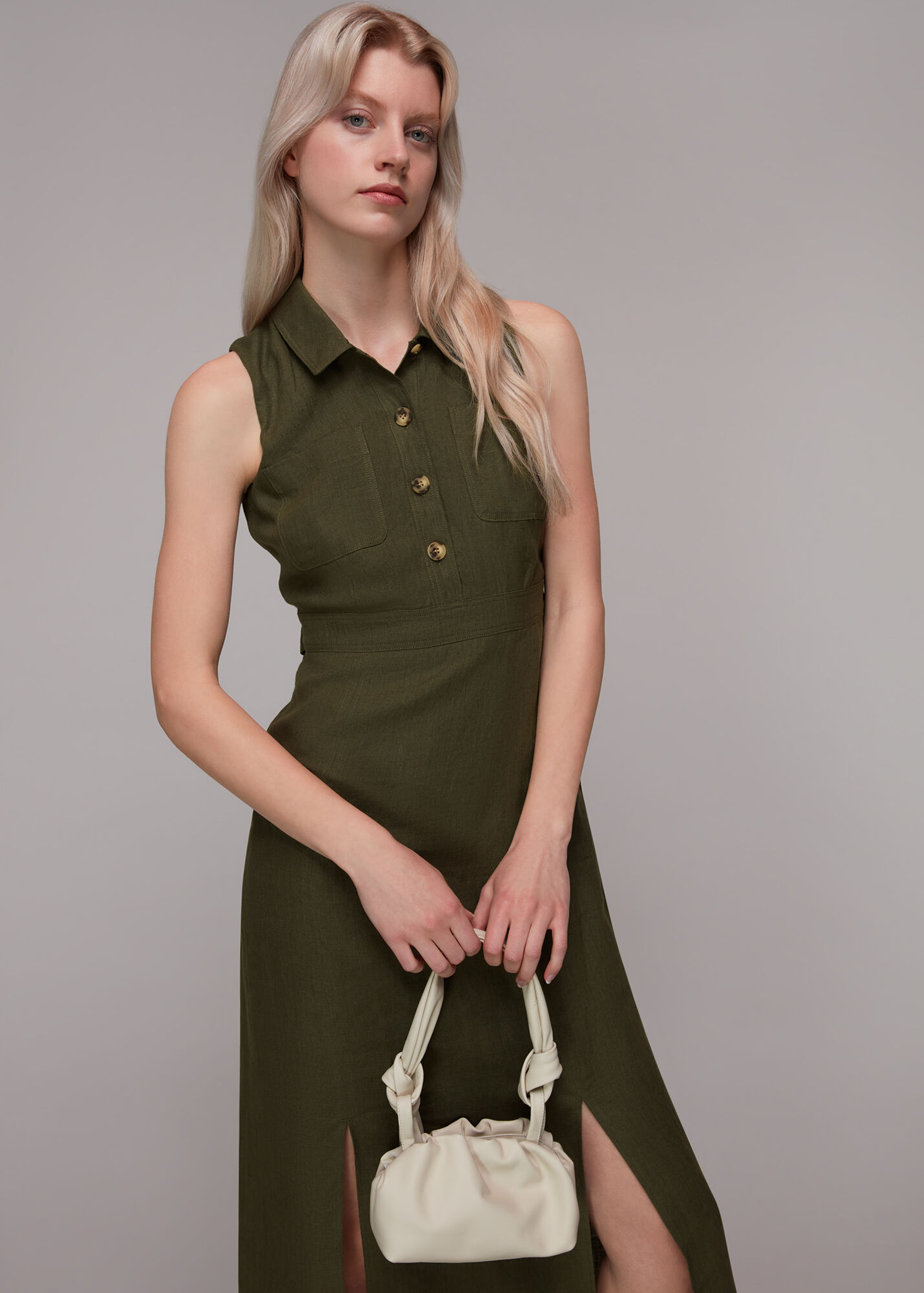 Khaki Molly Linen Midi Dress WHISTLES