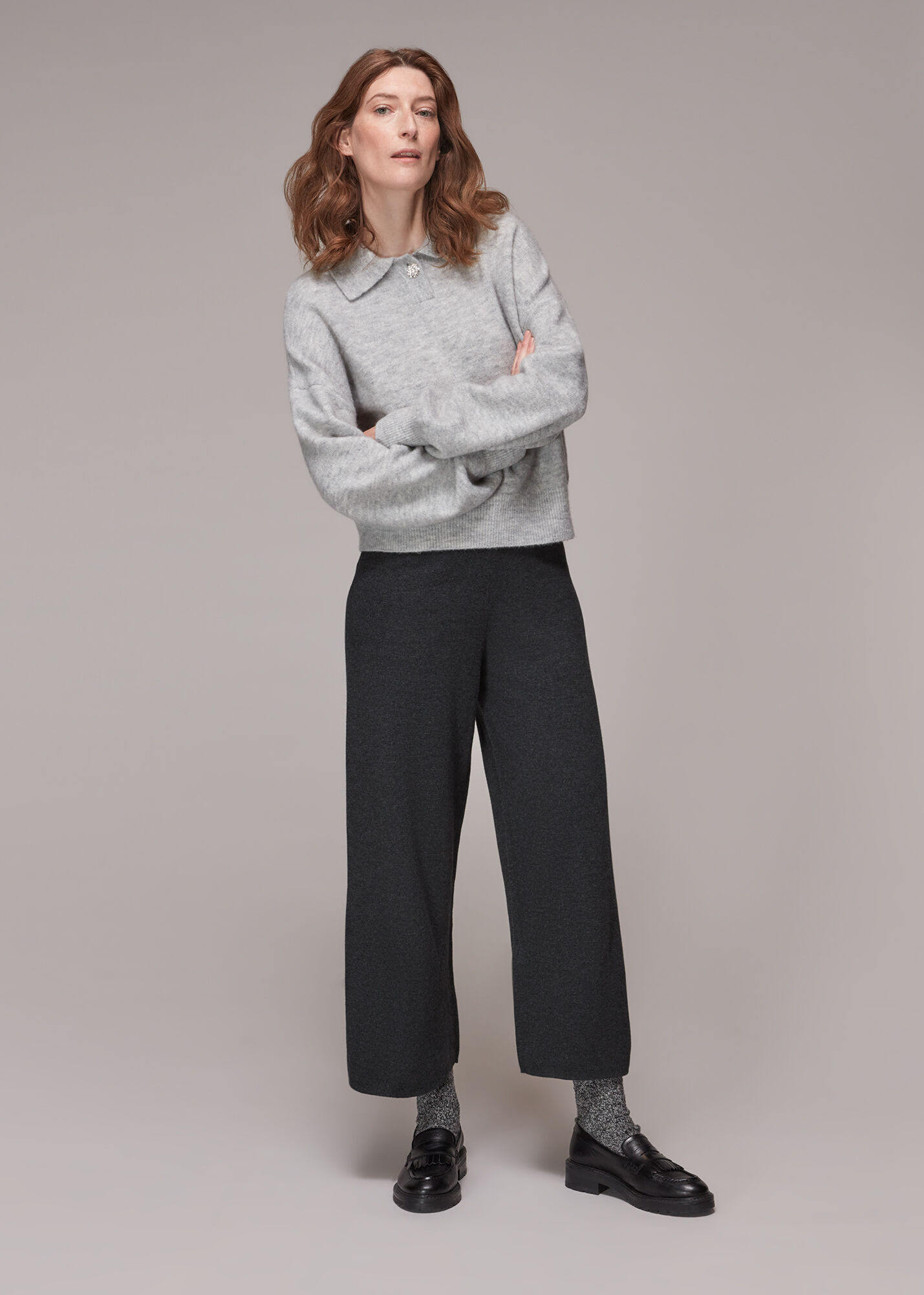 Grey Marl Knitted Wide Leg Marl Trouser WHISTLES