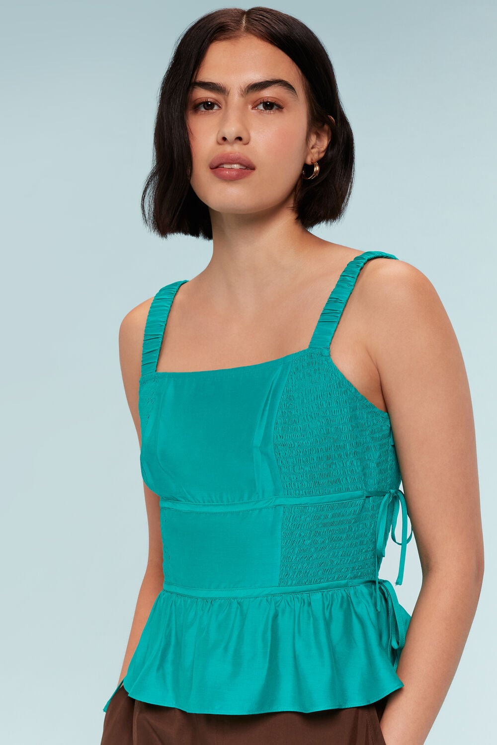 Turquoise Tie Side Shirred Top