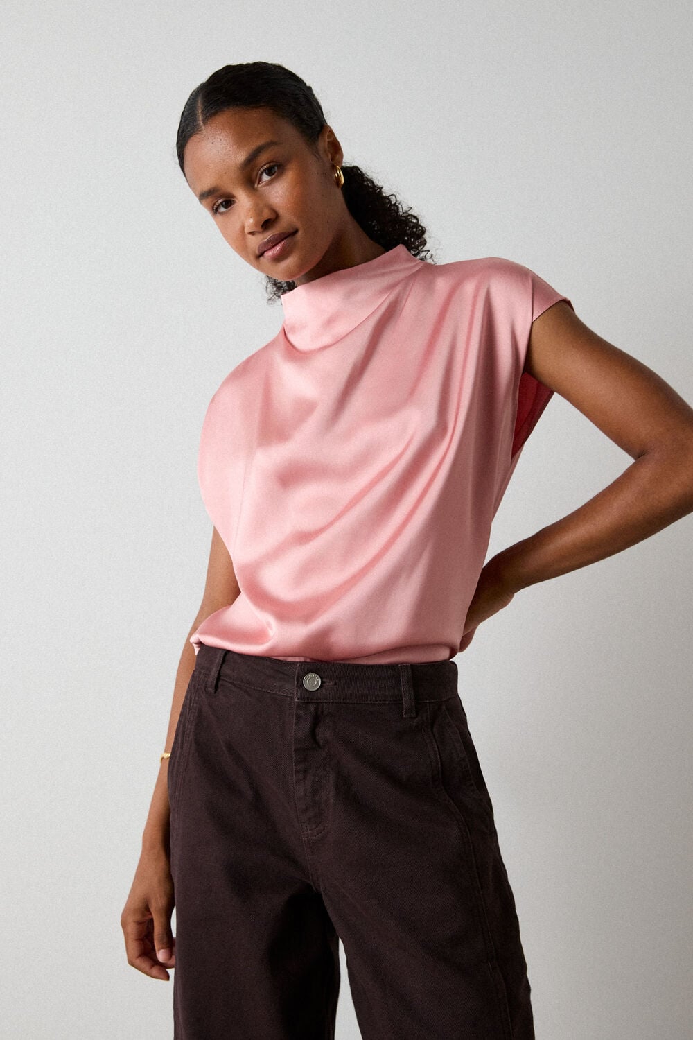 Pale Pink Cowl Neck Satin Sleeveless Top