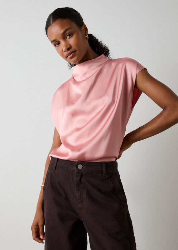 Pale Pink Cowl Neck Satin Sleeveless Top