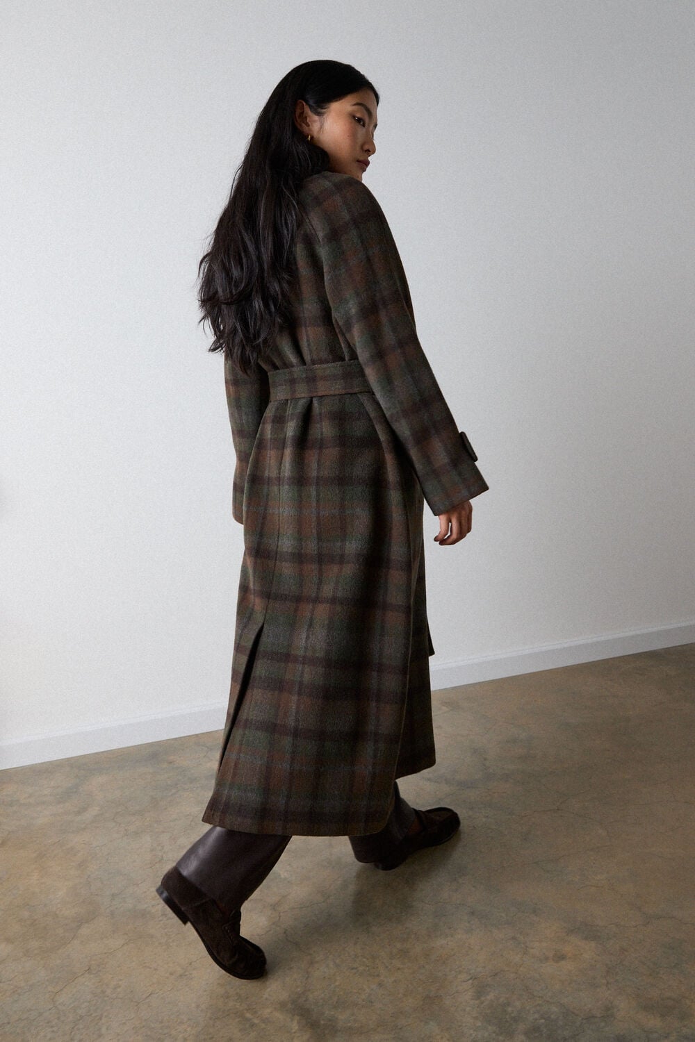 Khaki Funnel Neck Check Coat