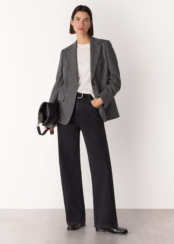 Grey Herringbone Wool Blend Blazer