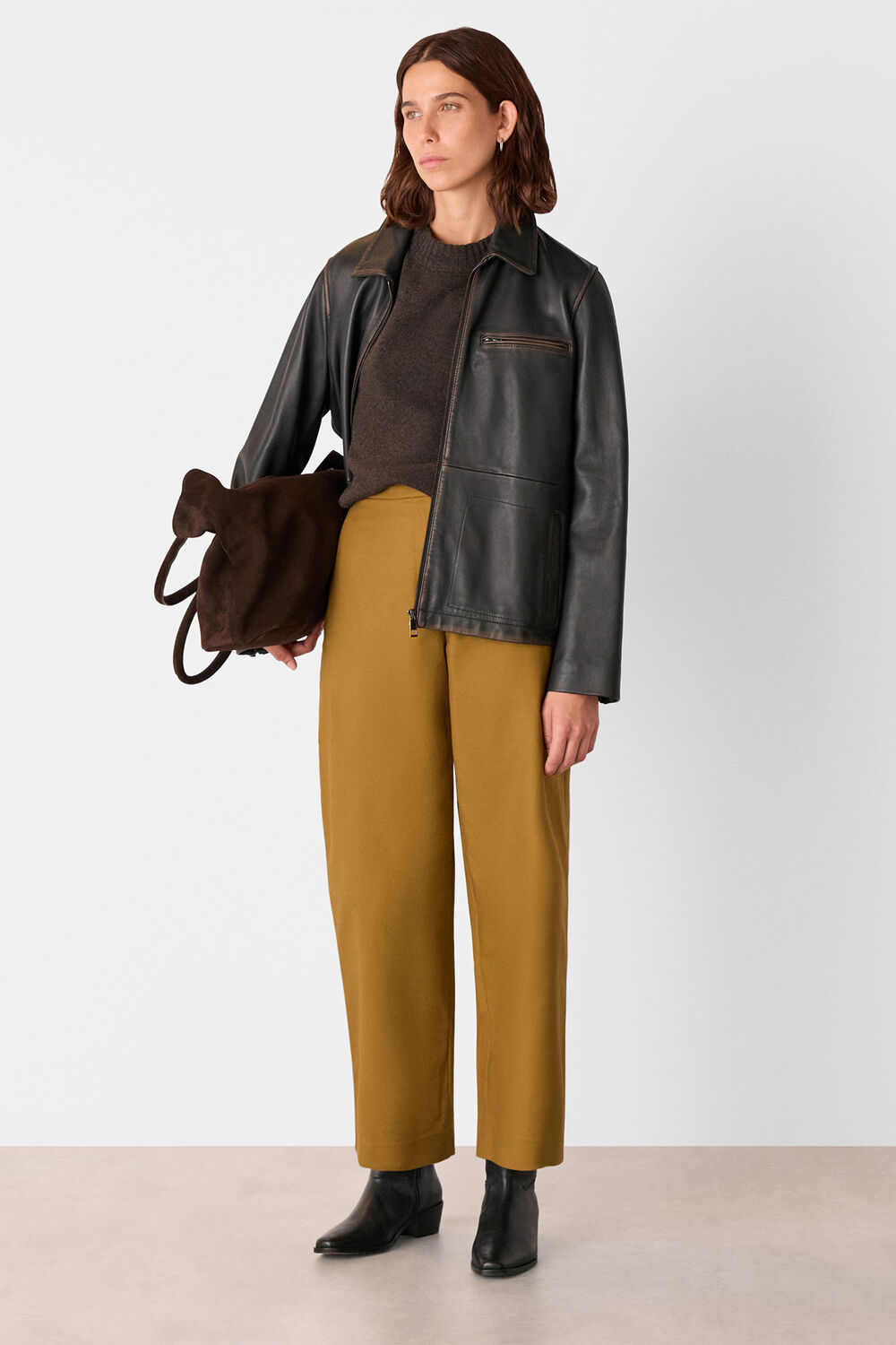 Camel Side Pleat Tapered Trouser