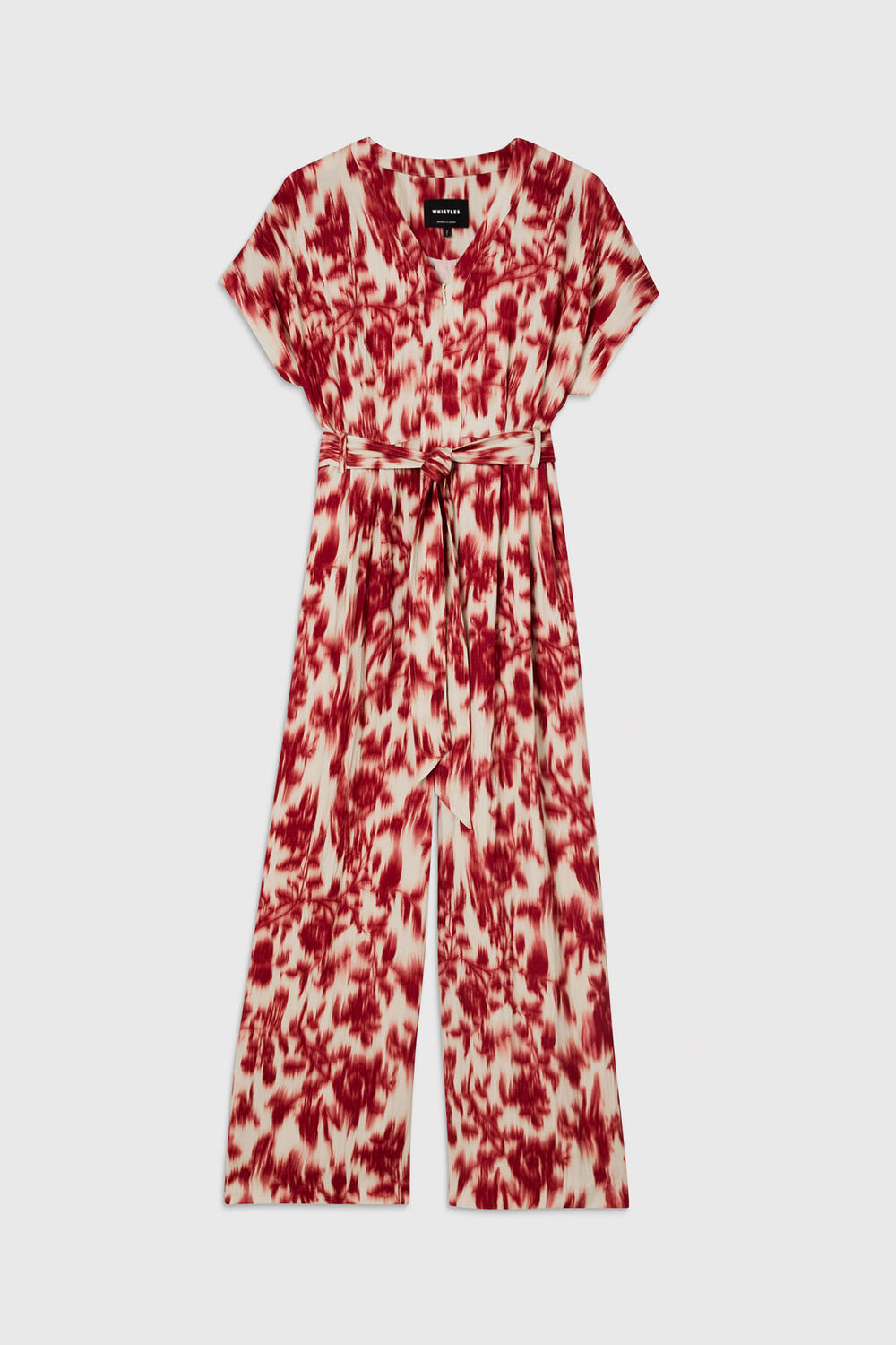 Red Blurred Floral Tie Jumpsuit