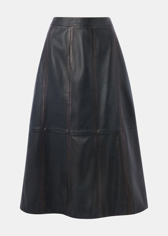 Black Burnished Leather Midi Skirt