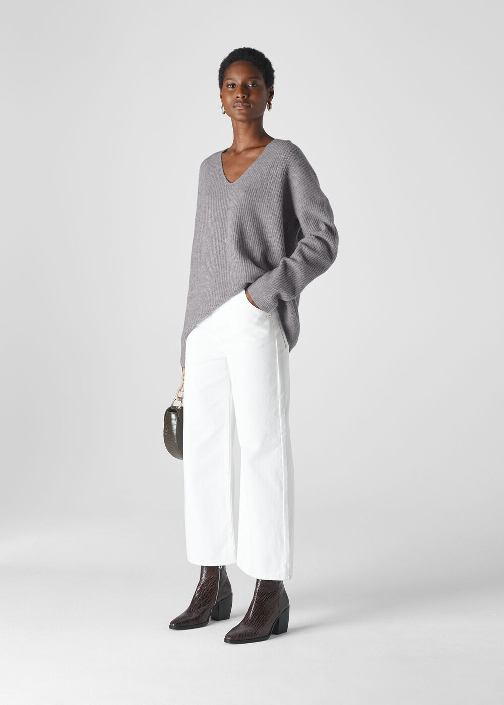 V Neck Rib Wool Sweater Grey
