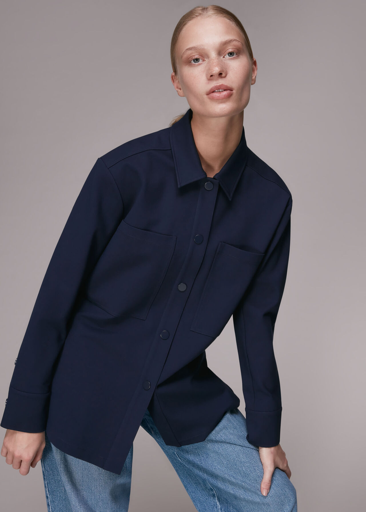 Navy Ponte Jersey Overshirt | WHISTLES | Whistles UK