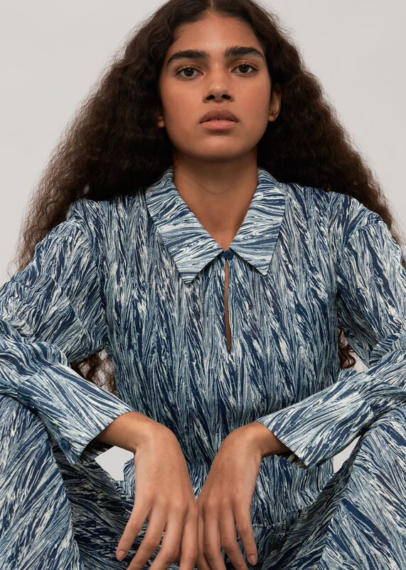 Navy Marble Stripe Plisse Shirt