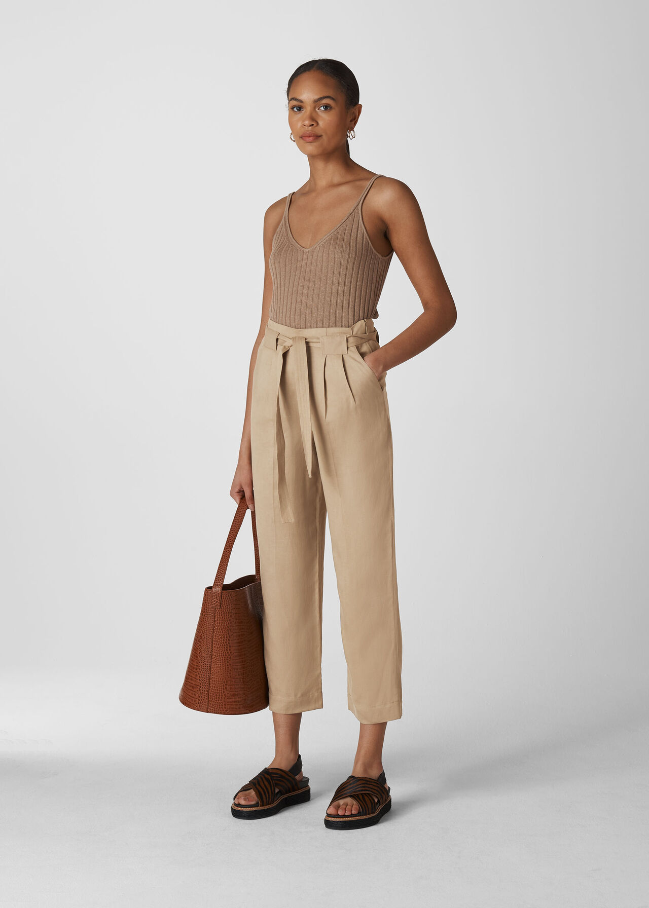 Neutral Belted Wide Leg Crop Trouser, WHISTLES