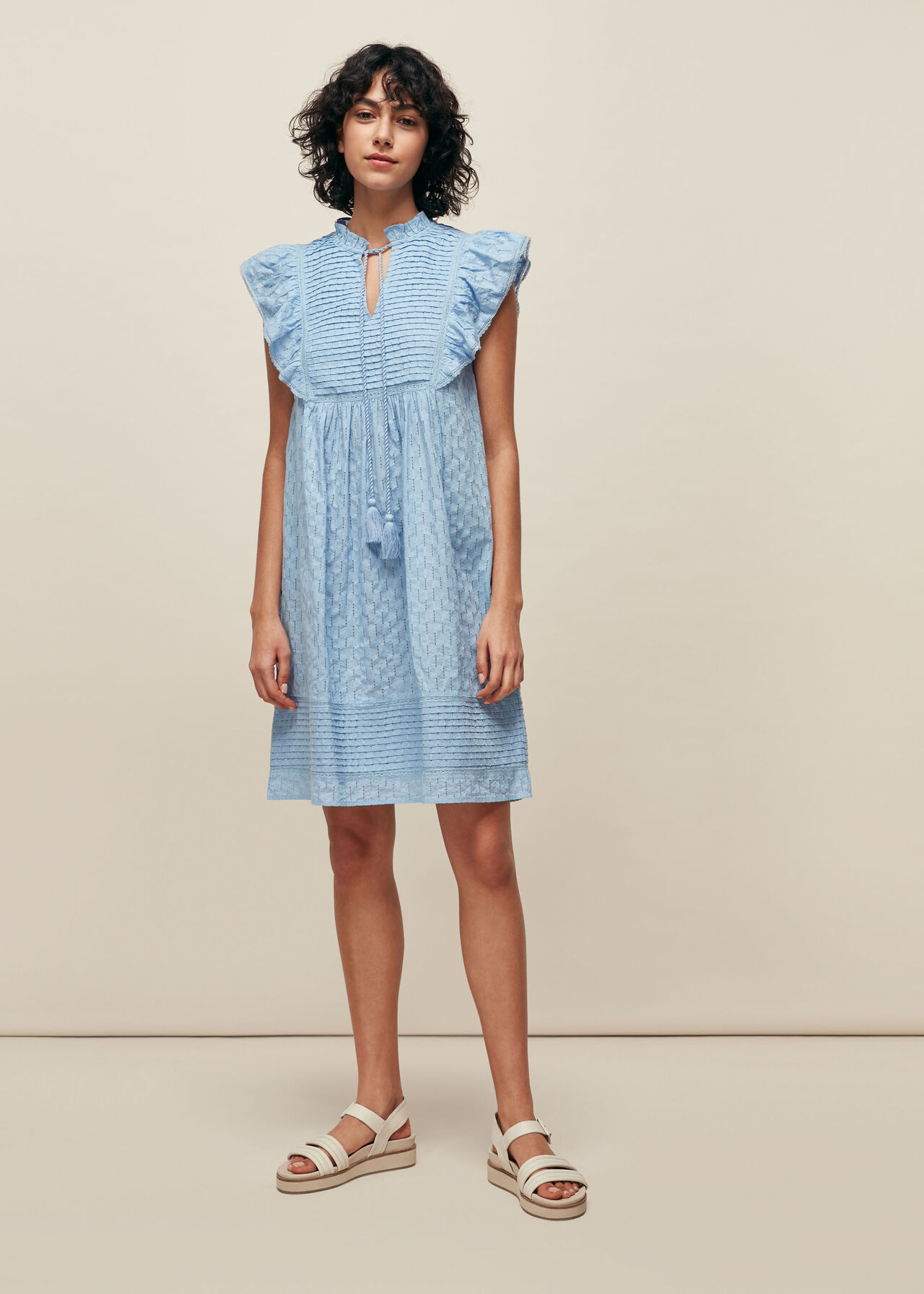 Pintuck Frill Cotton Dress Blue