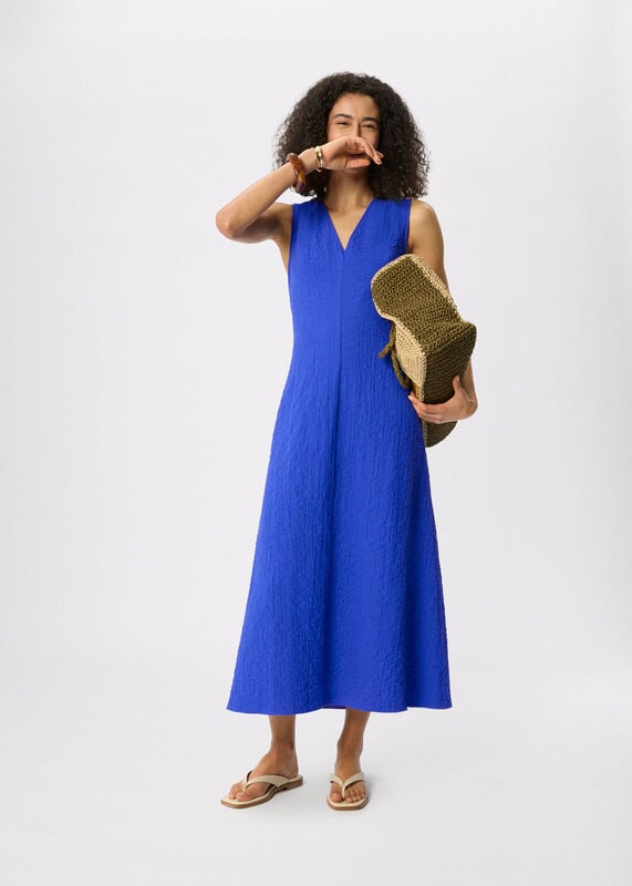 Blue V Neck Textured Dress
