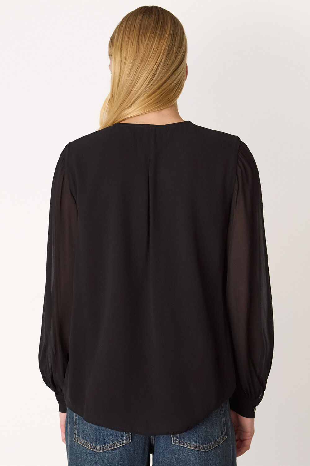 Black Sheer V Neck Frill Blouse