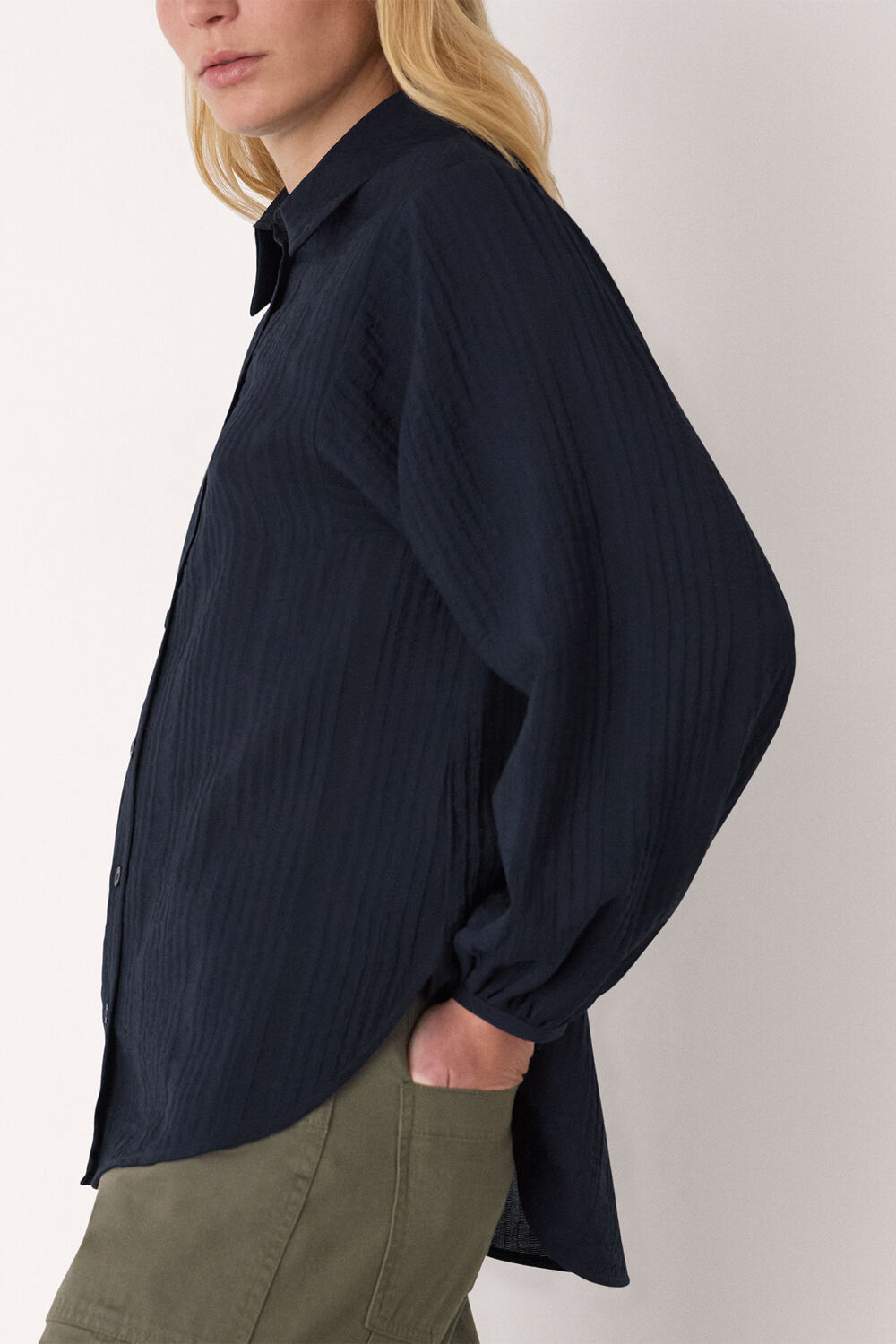 Navy Textured Relaxed Viscose Shirt