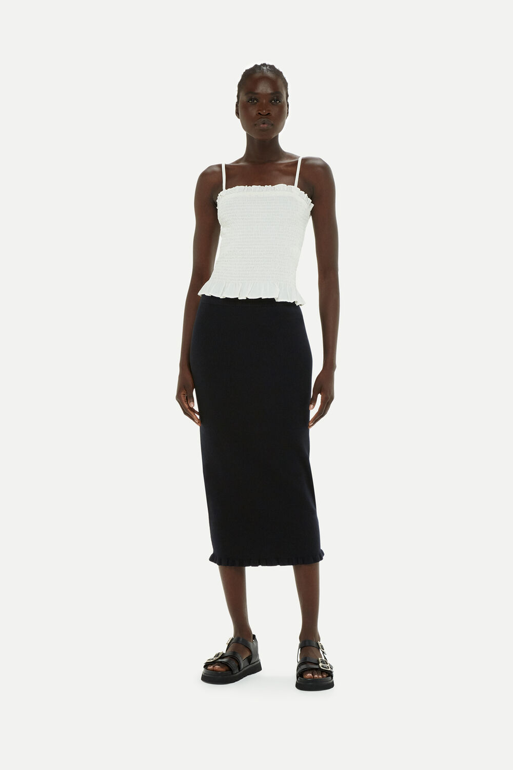 Frill Hem Knitted Midi Skirt