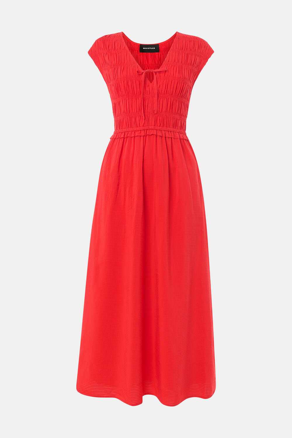 Red Shirred Bodice V Neck Dress