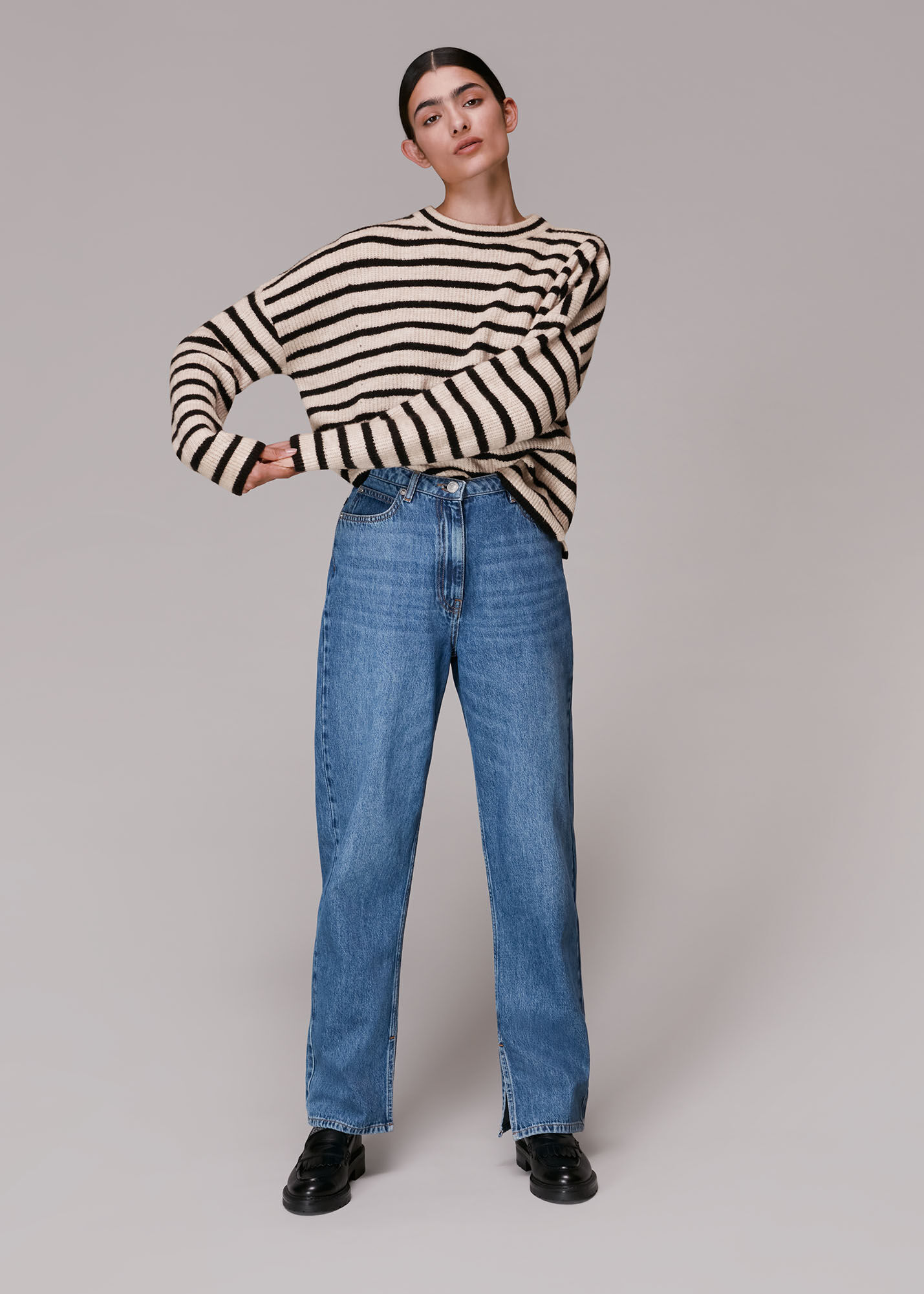 Black Multi Stripe Ribbed Crew Neck Jumper WHISTLES