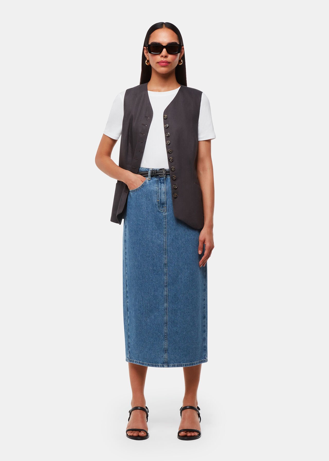 Straight Denim Midi Skirt