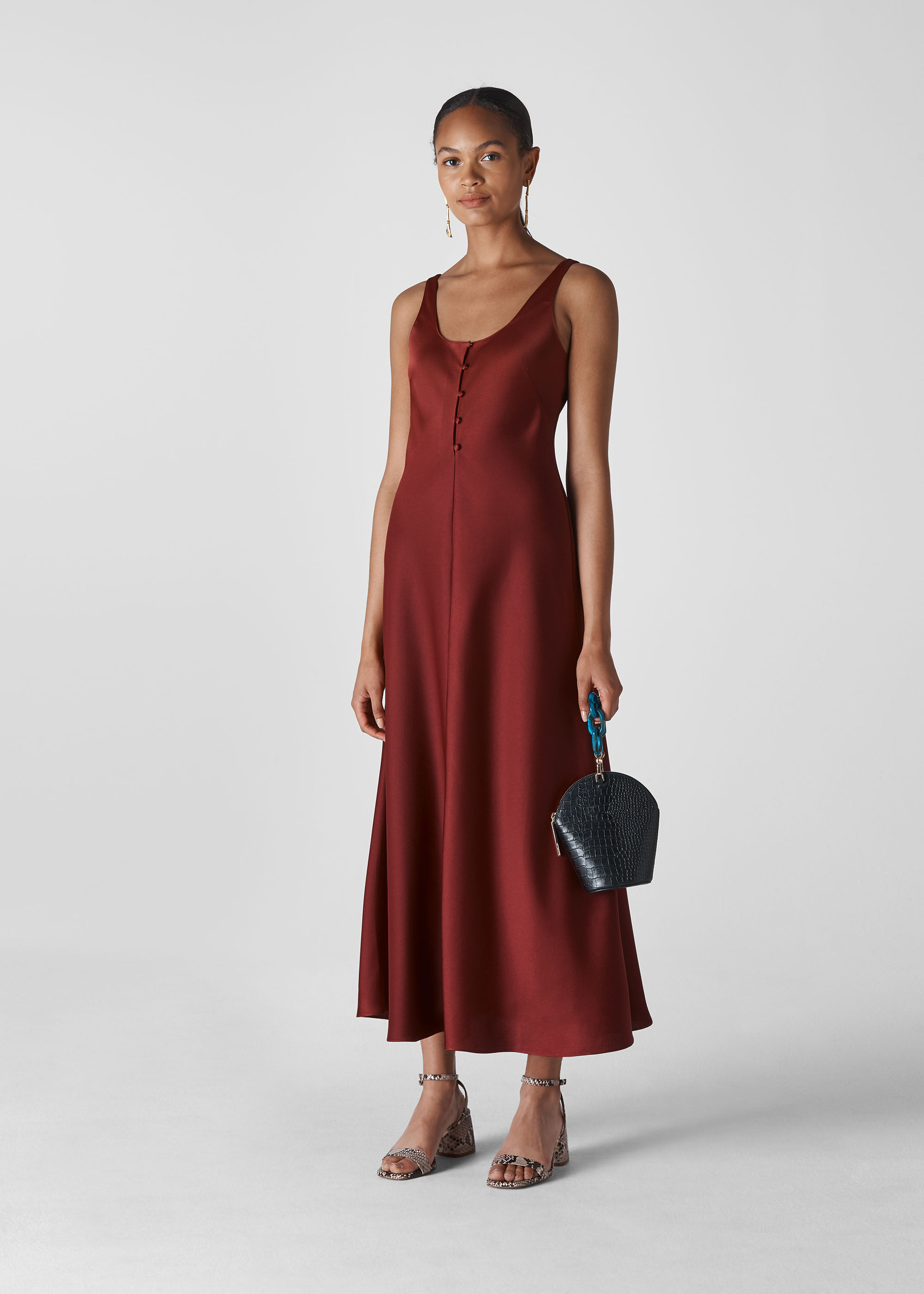 Burgundy satin top slip dress