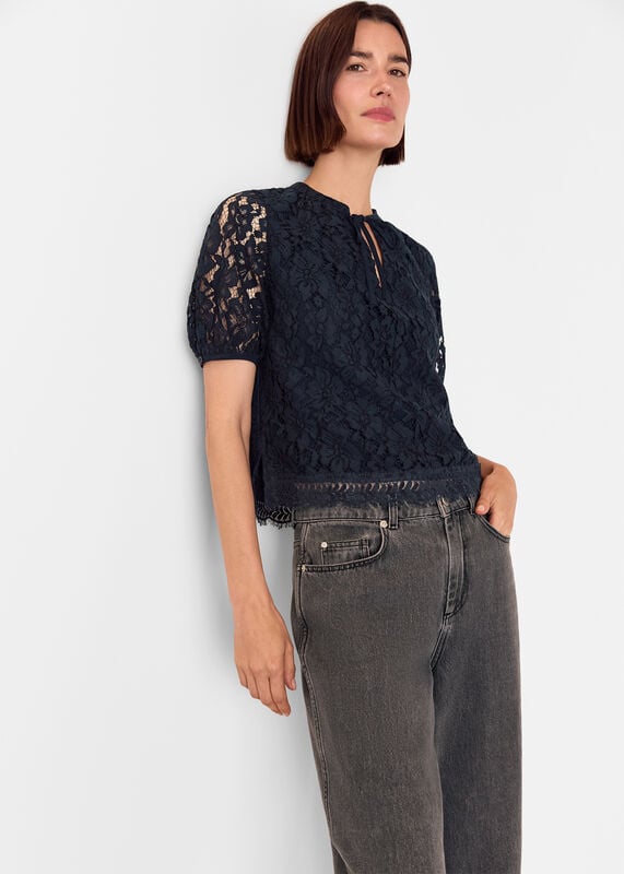 Navy Lace Tie Detail Blouse