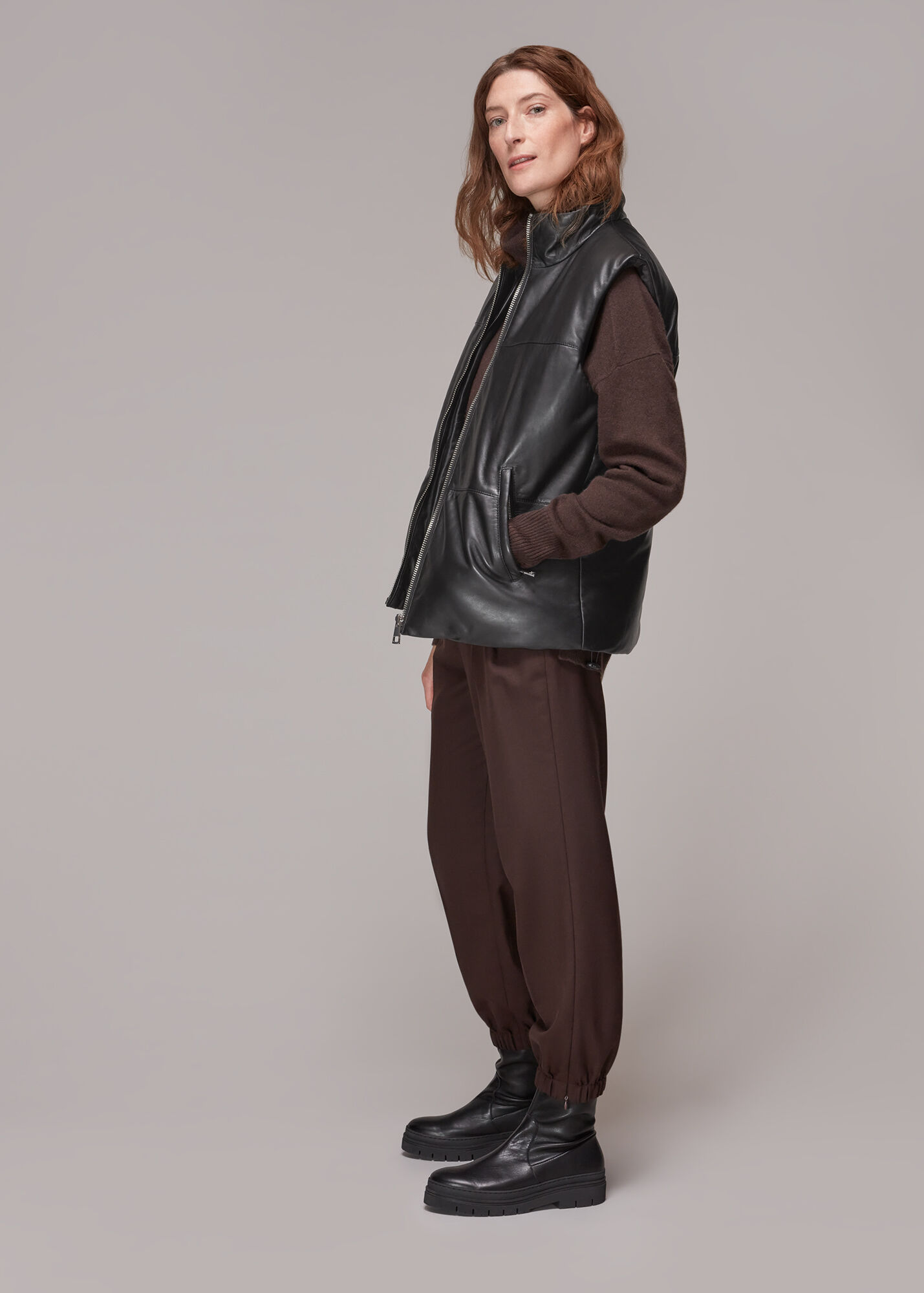 Black Leather Puffer Quilted Gilet WHISTLES Whistles UK