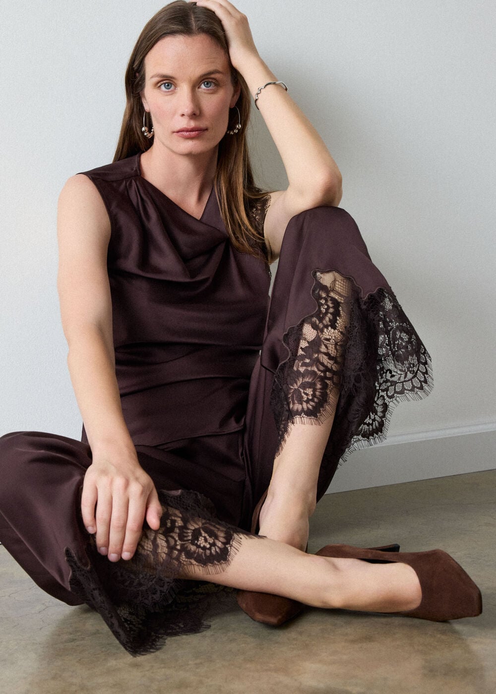 Satin Lace Trim Trouser
