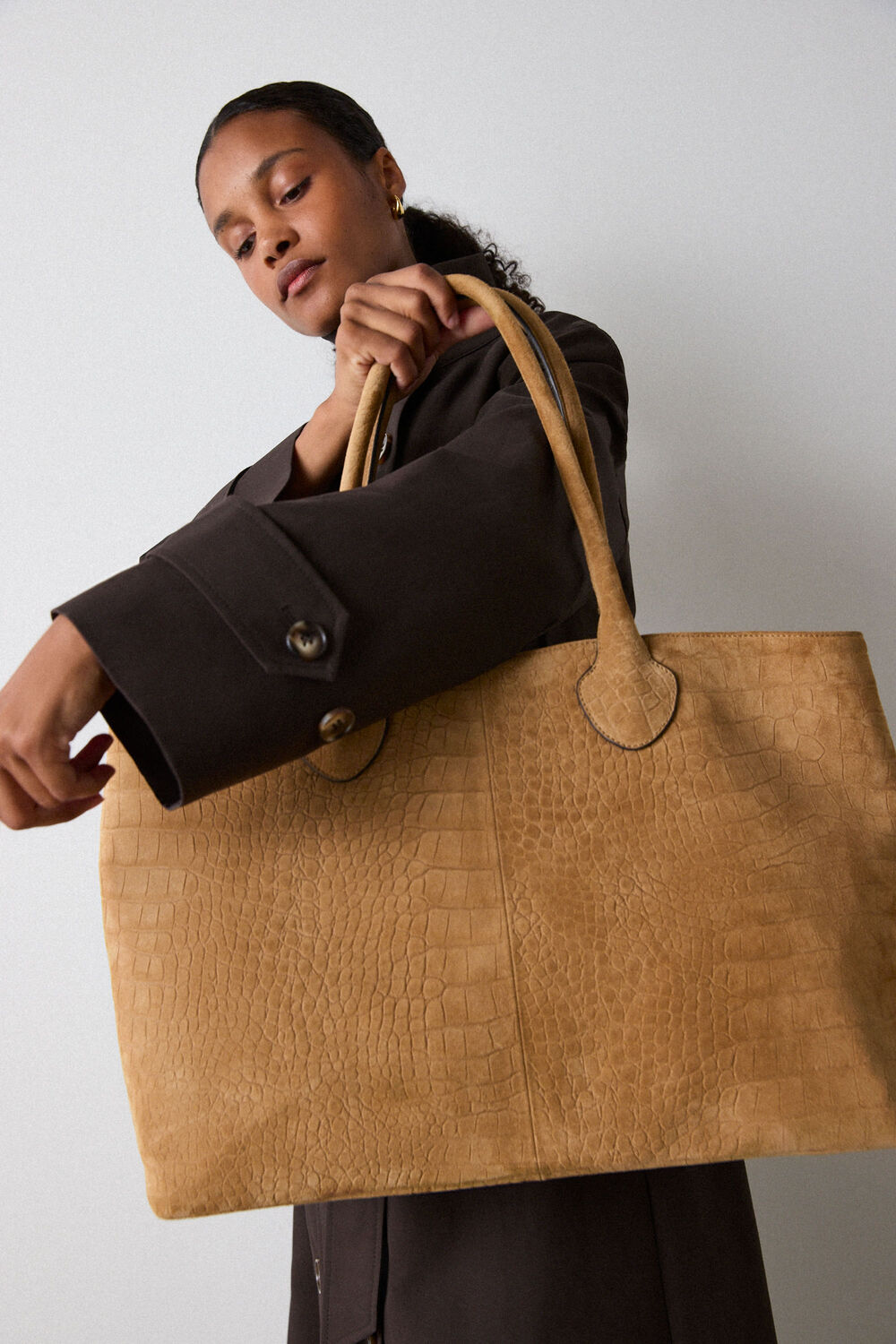 Brown Funnel Neck Trench Coat