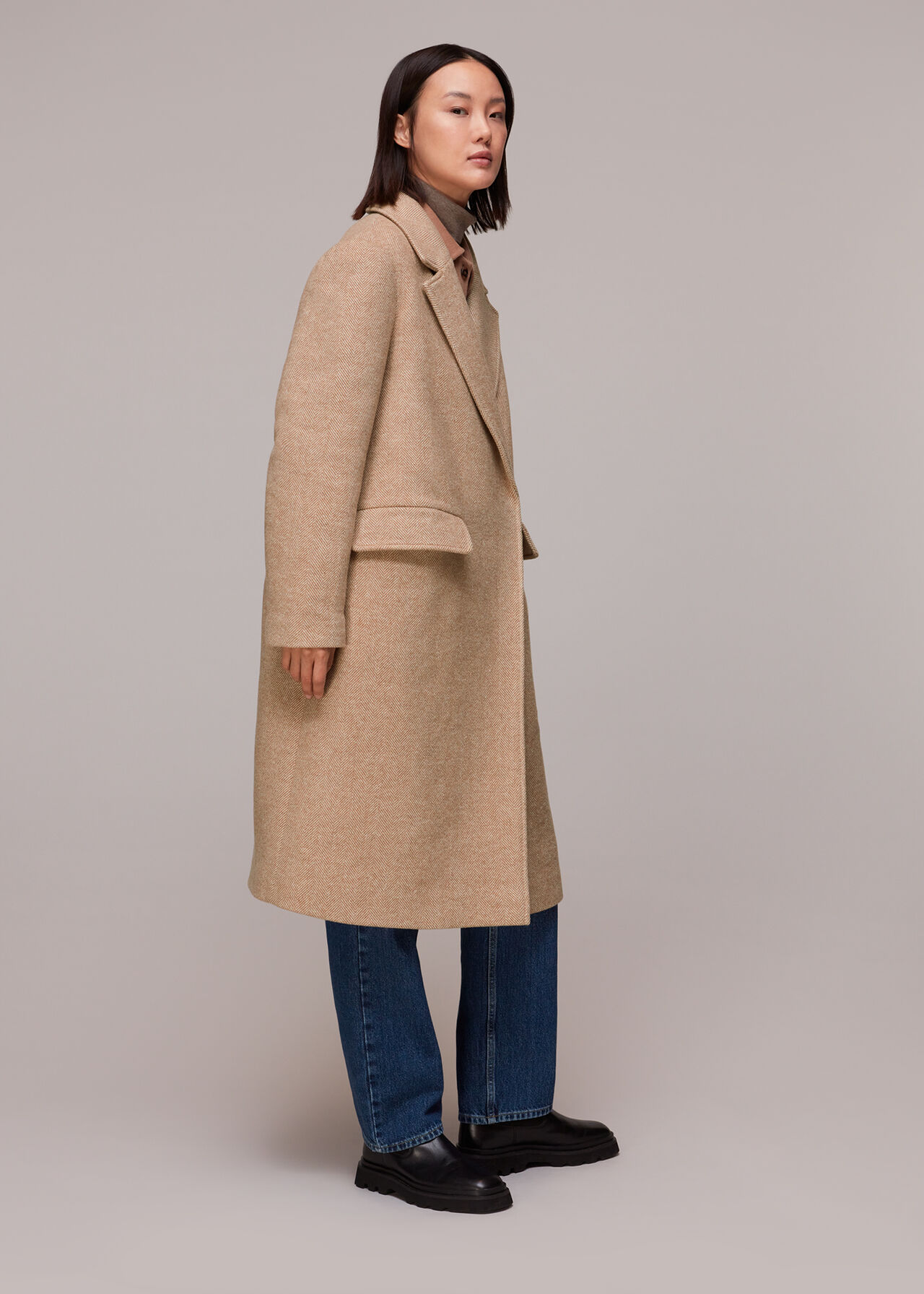 Oatmeal Herringbone Smart Wool Coat, WHISTLES