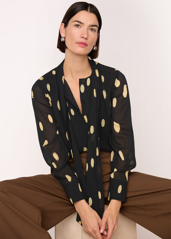Black Abstract Spot Tie Neck Blouse