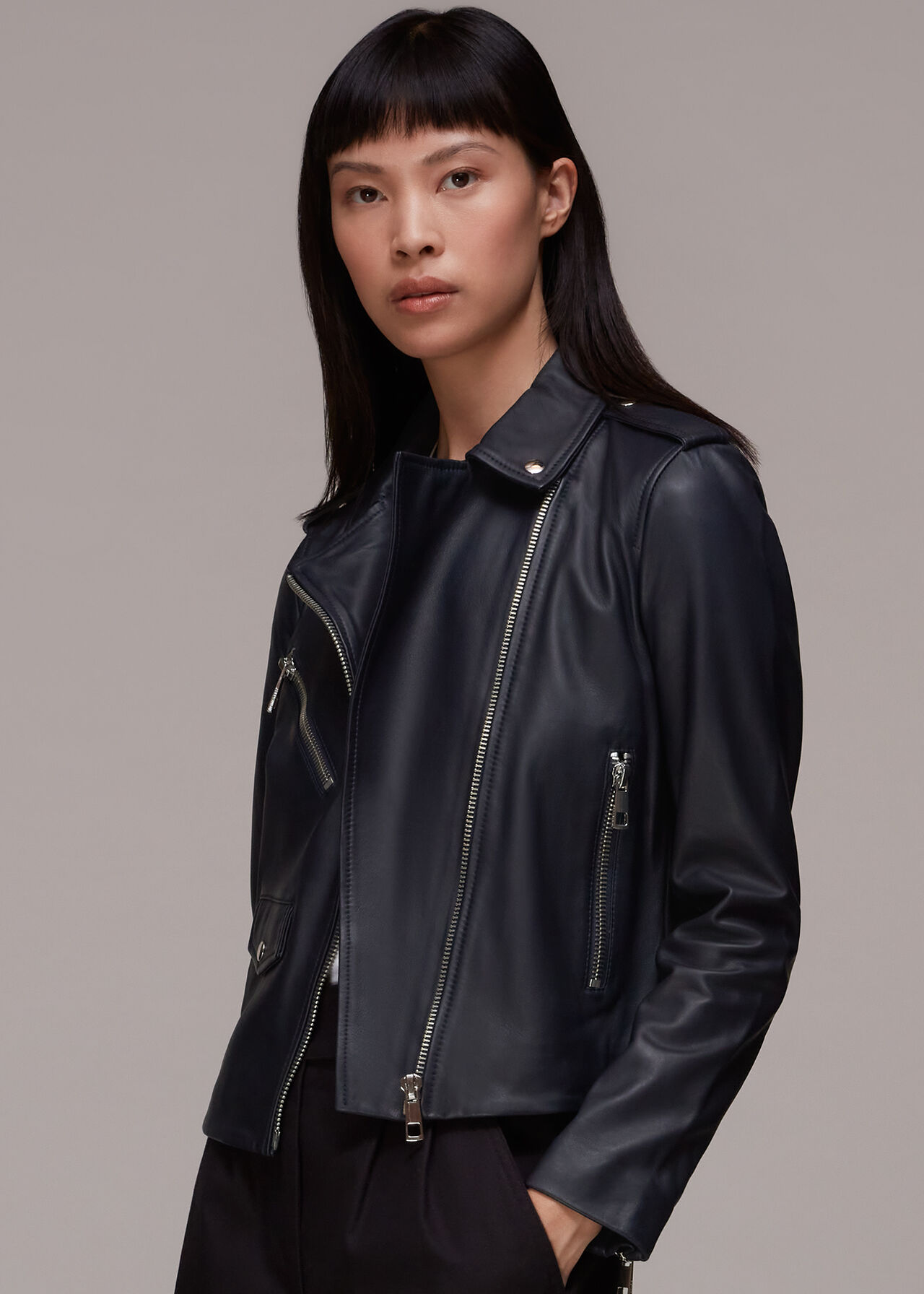Navy Agnes Pocket Leather Jacket | WHISTLES