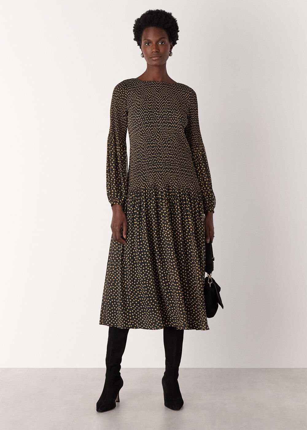 Spot Print Plisse Midi Dress
