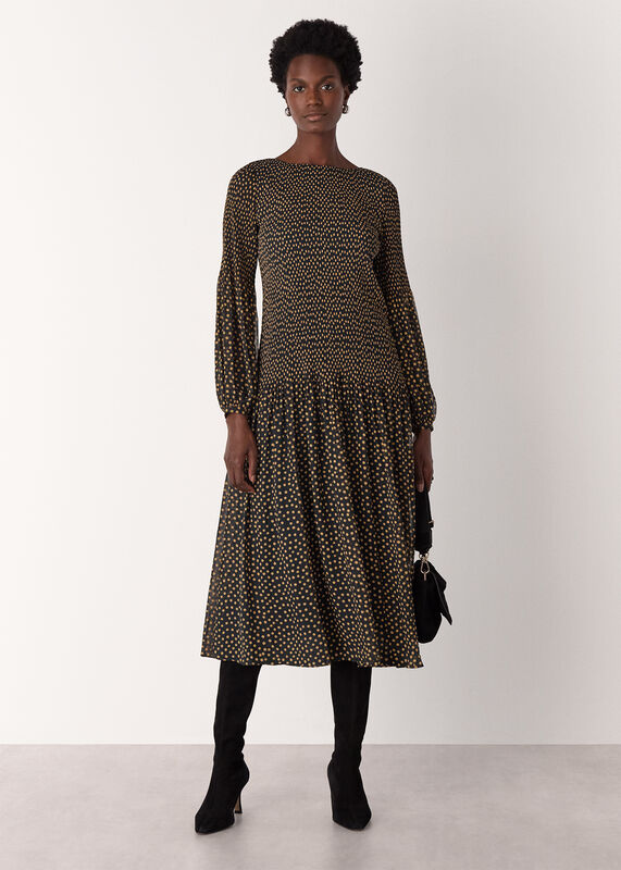 Black Spot Print Plisse Midi Dress