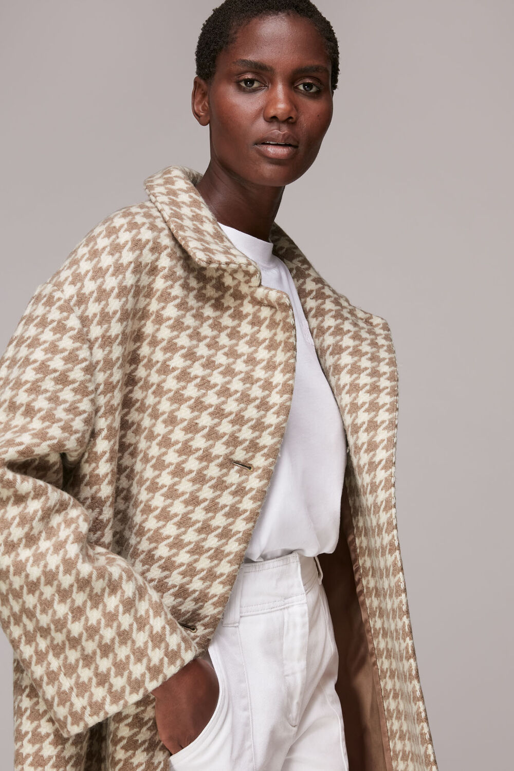 Dogstooth Funnel Neck Coat