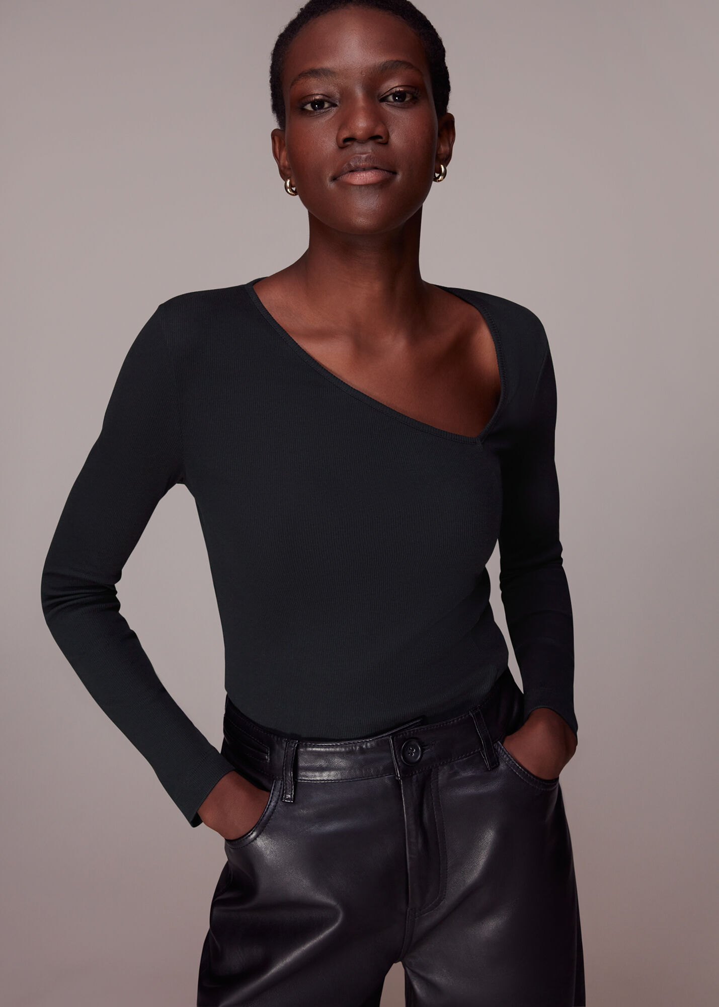 Black Ribbed Asymmetric V Neck Top WHISTLES