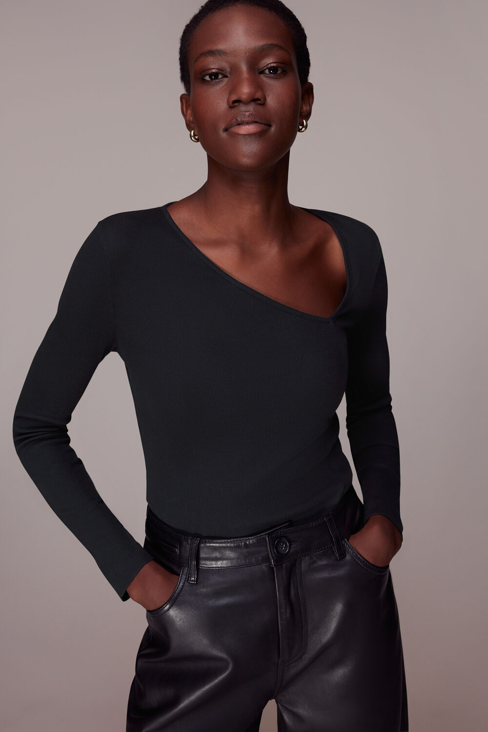 Black Ribbed Asymmetric V-Neck Top