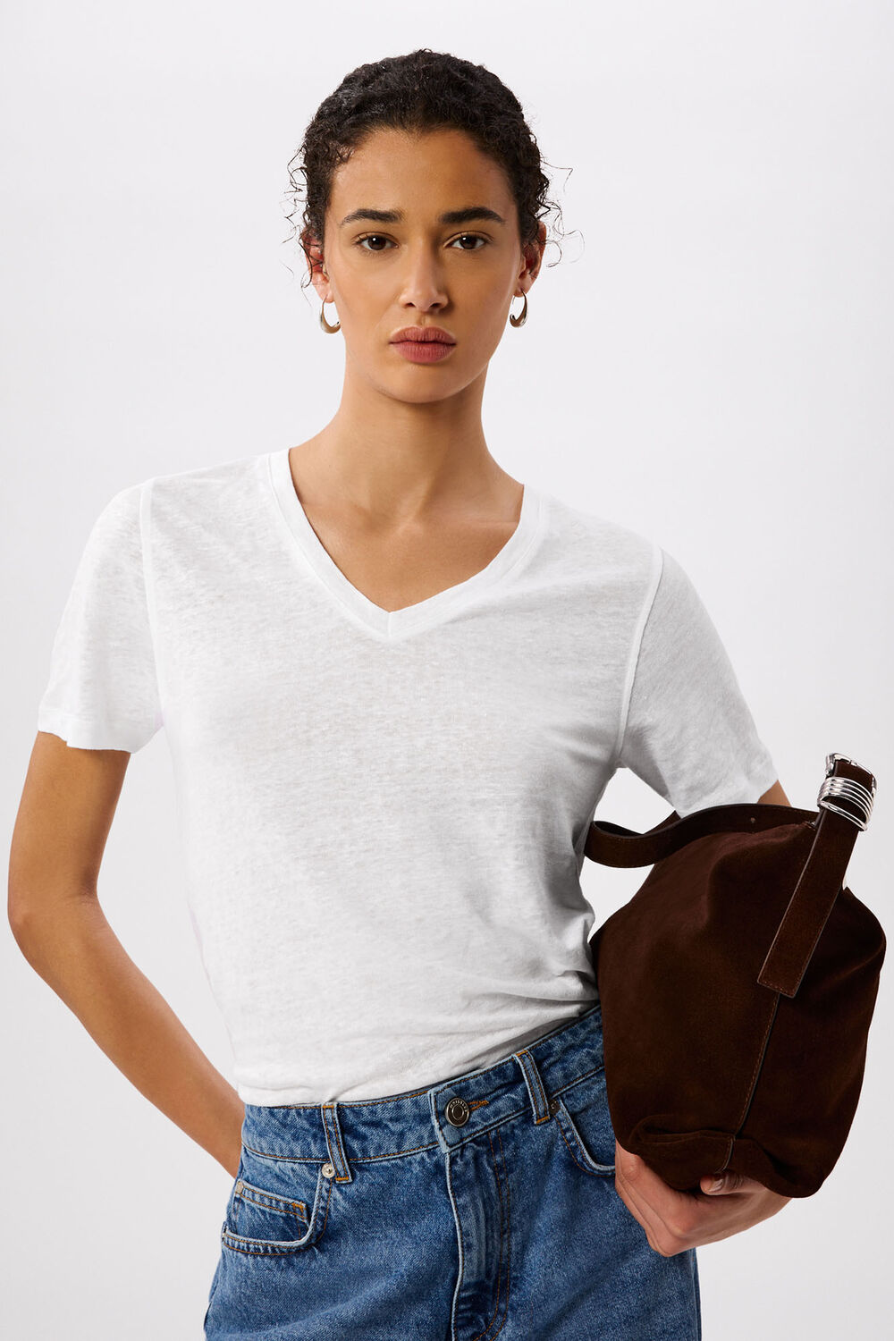 White Linen V Neck T-Shirt