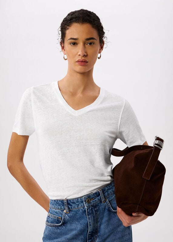 White Linen V Neck T-Shirt