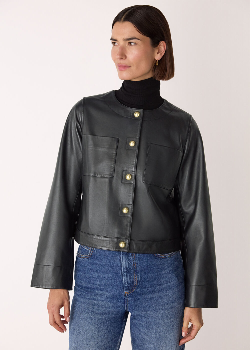Collarless Leather Jacket