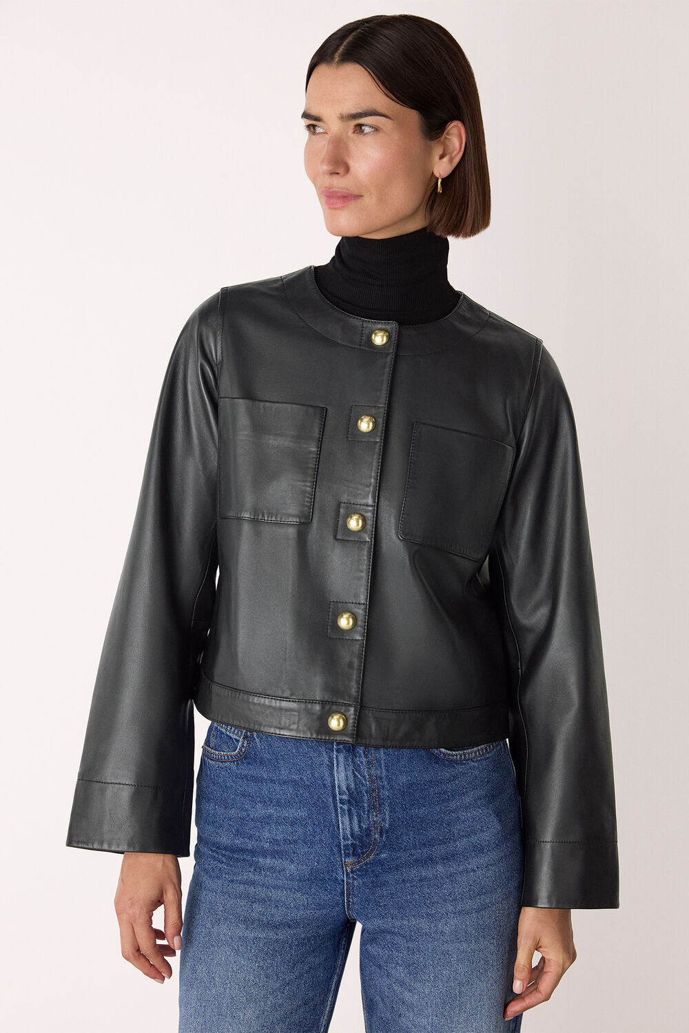 Collarless Leather Jacket