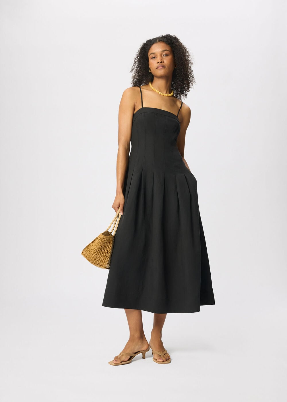 Linen Blend Waisted Midi Dress
