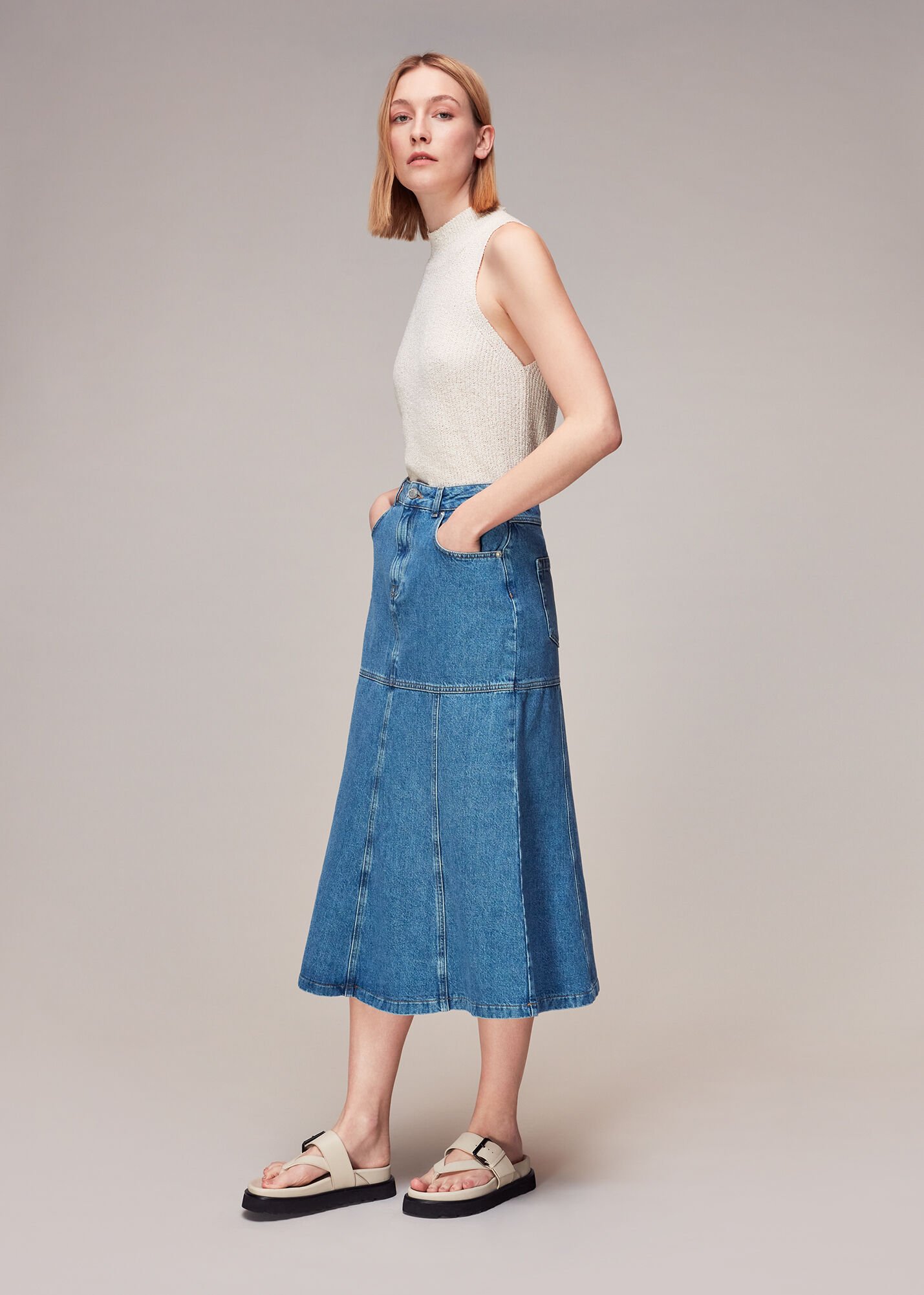 Denim midi skirt sale clearance