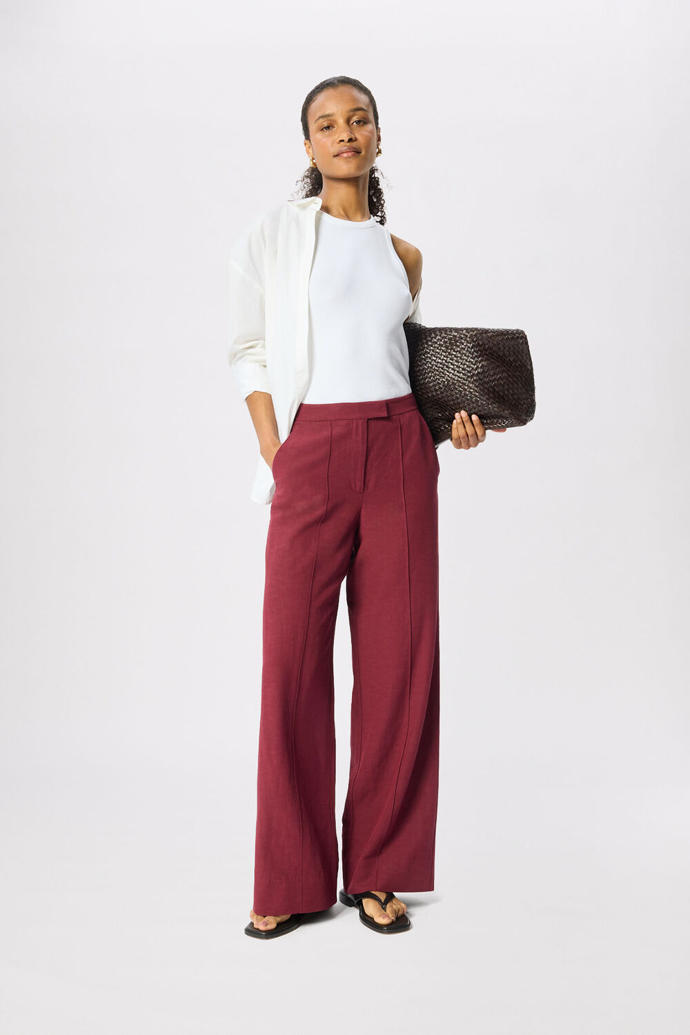 Burgundy Linen Blend Pintuck Trouser