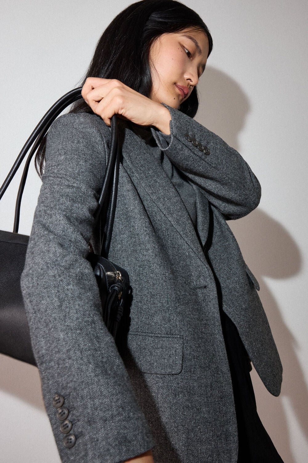 Grey Herringbone Wool Blend Blazer
