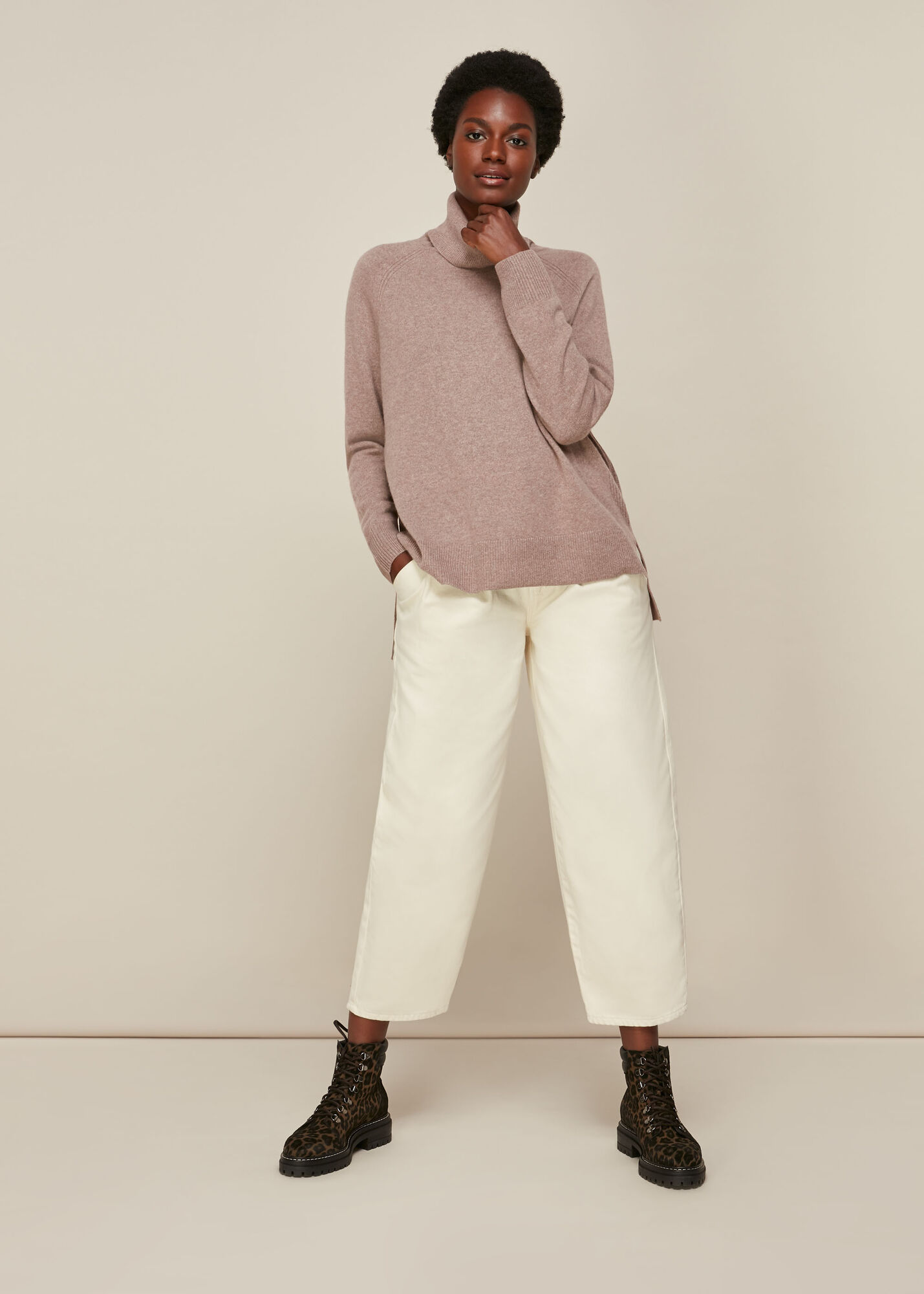 Oatmeal Cashmere Roll Neck Knit | WHISTLES