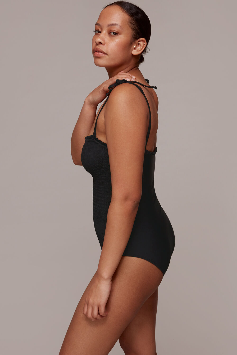 Shirred Tie Strap Swimsuit Black