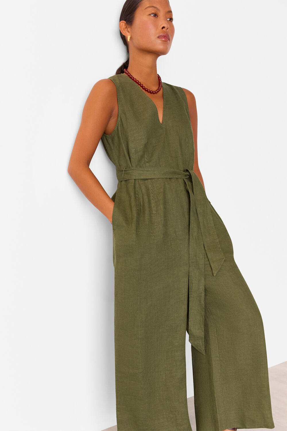Khaki Petite Belted Seamed Linen Jumpsuit
