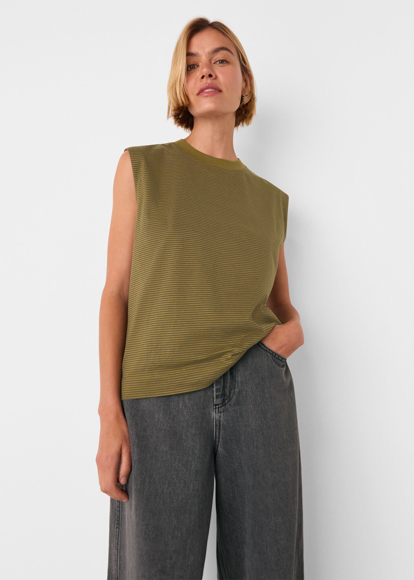 Khaki/Multi Edie Stripe Sleeveless Vest | WHISTLES | Whistles US |